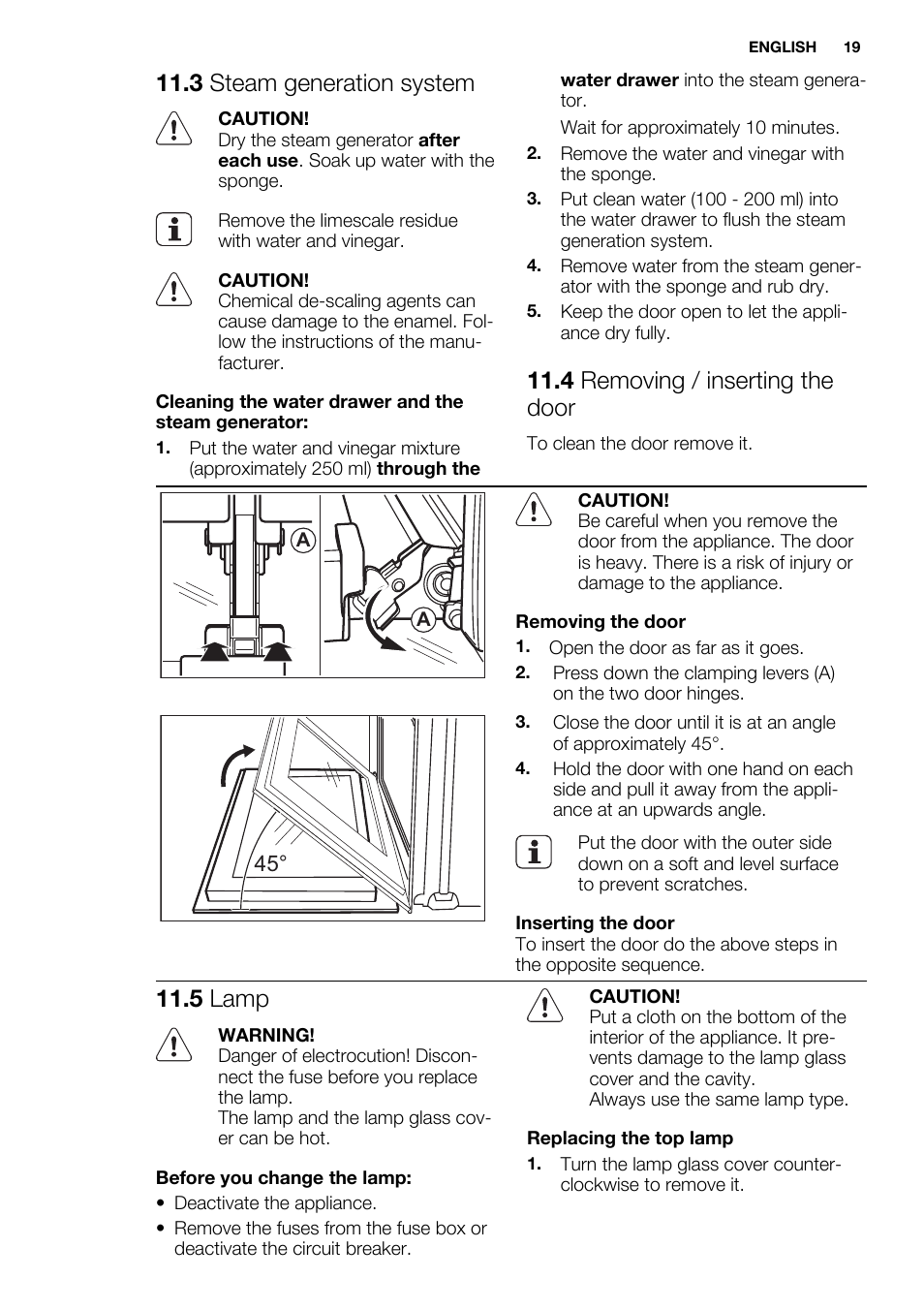 3 steam generation system, 4 removing / inserting the door, 5 lamp | Electrolux EBGL70 User Manual | Page 19 / 28