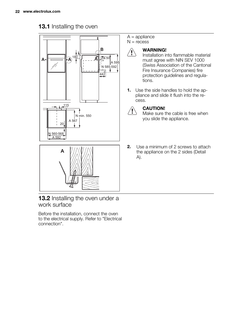 1 installing the oven, 2 installing the oven under a work surface | Electrolux EBGL70 User Manual | Page 22 / 28