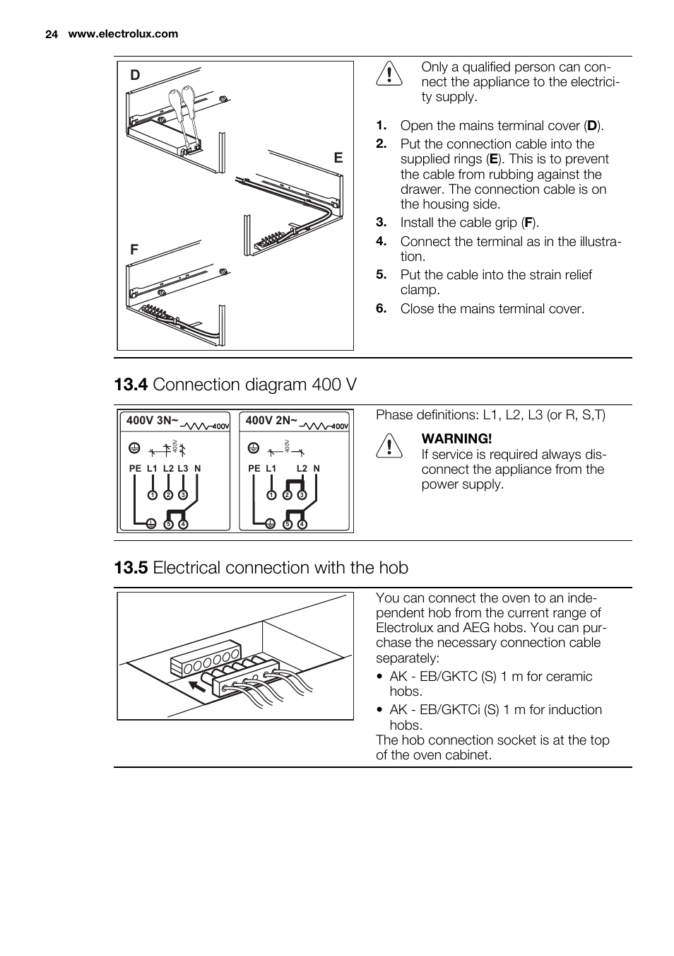 4 connection diagram 400 v, 5 electrical connection with the hob, De f | Open the mains terminal cover ( d ), Install the cable grip ( f ), Connect the terminal as in the illustra- tion, Put the cable into the strain relief clamp, Close the mains terminal cover | Electrolux EBGL70 User Manual | Page 24 / 28