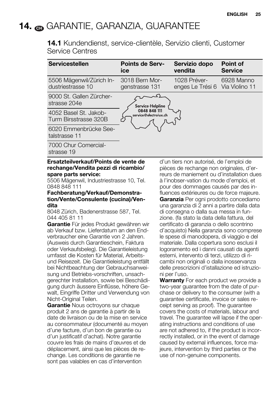 Garantie, garanzia, guarantee | Electrolux EBGL70 User Manual | Page 25 / 28