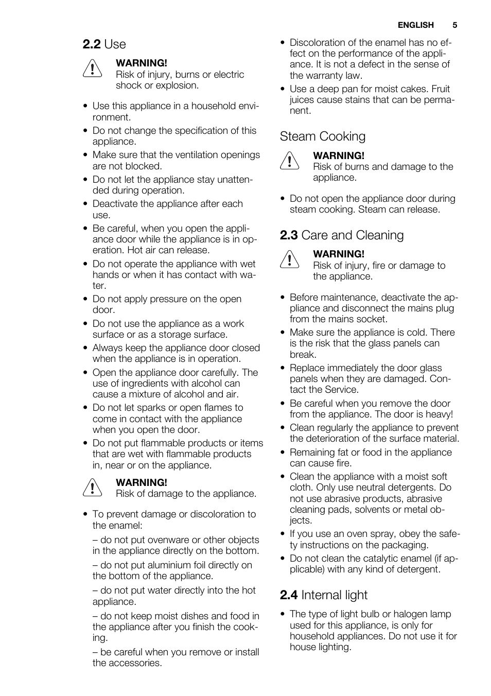 2 use, Steam cooking, 3 care and cleaning | 4 internal light | Electrolux EBGL70 User Manual | Page 5 / 28
