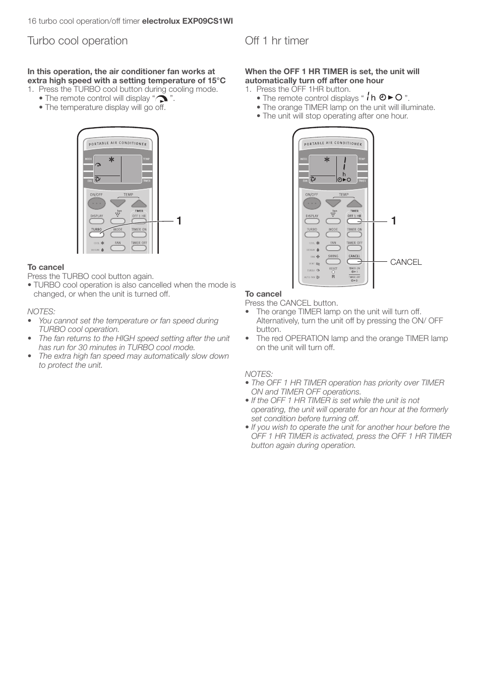 Turbo cool operation, Off 1 hr timer | Electrolux U31175 LU4 9QQ User Manual | Page 19 / 27