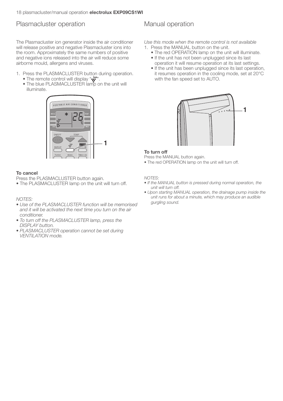 Plasmacluster operation, Manual operation | Electrolux U31175 LU4 9QQ User Manual | Page 21 / 27