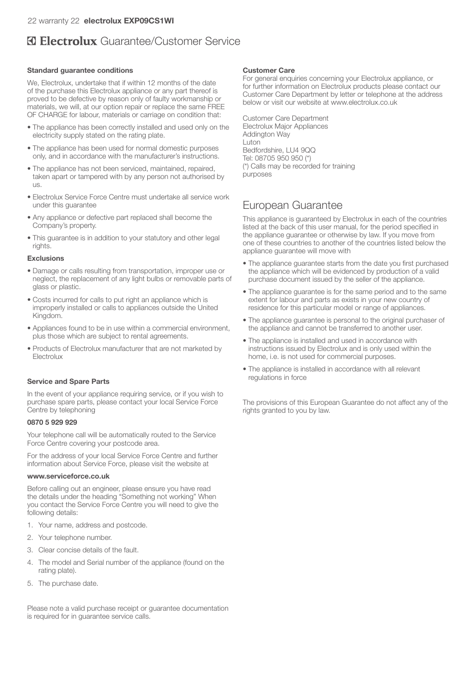 European guarantee, Guarantee/customer service | Electrolux U31175 LU4 9QQ User Manual | Page 25 / 27