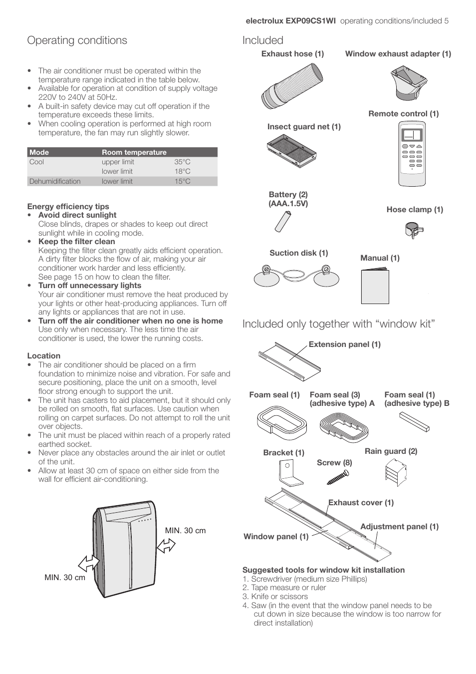 Operating conditions, Included included only together with “window kit | Electrolux U31175 LU4 9QQ User Manual | Page 8 / 27