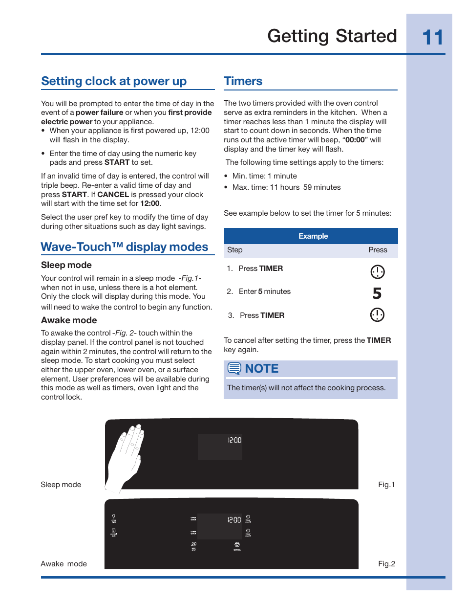 Getting started, Timers, Setting clock at power up | Electrolux 316520002 User Manual | Page 11 / 64