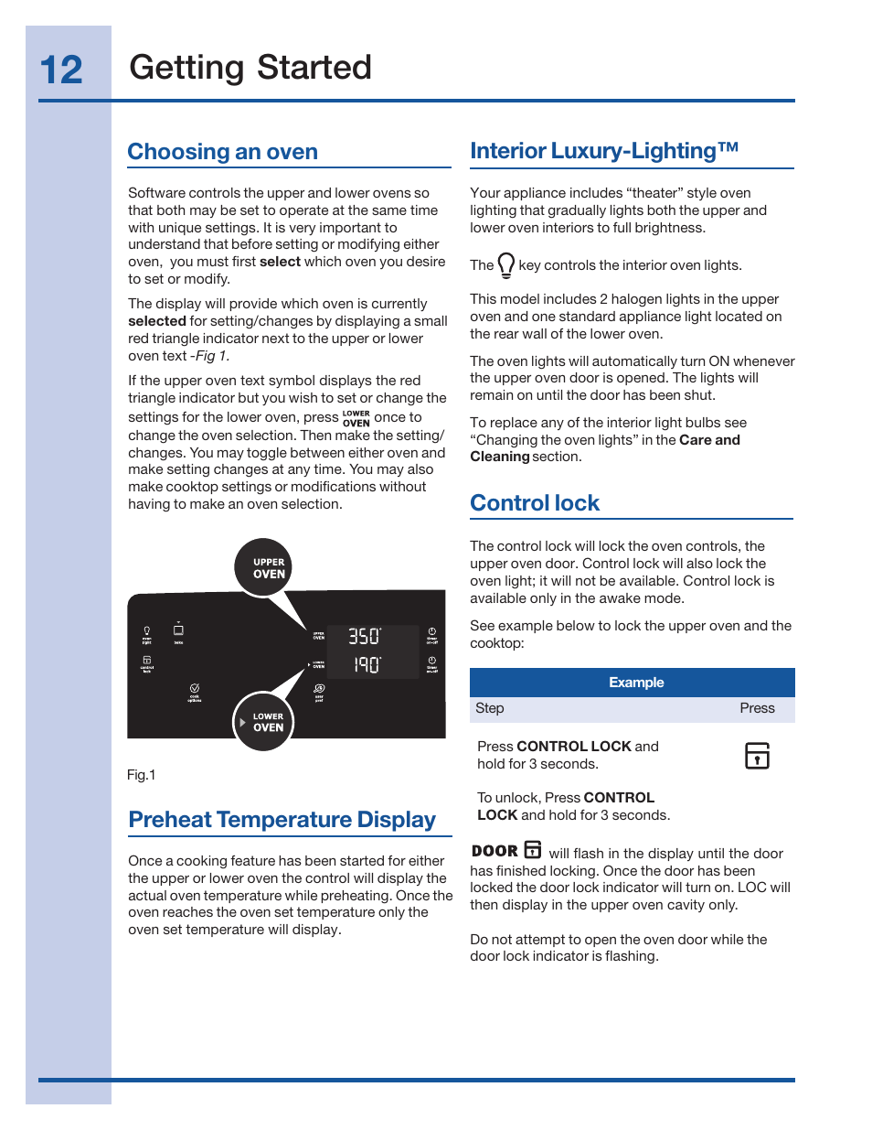 Getting started, Control lock, Interior luxury-lighting | Choosing an oven, Preheat temperature display | Electrolux 316520002 User Manual | Page 12 / 64