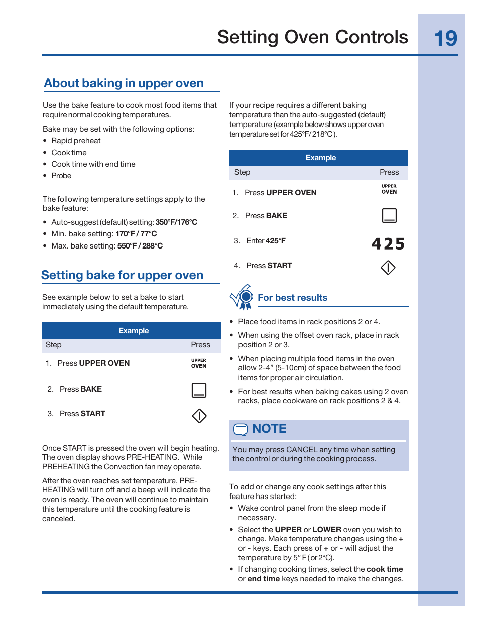 Setting oven controls, Setting bake for upper oven, About baking in upper oven | Electrolux 316520002 User Manual | Page 19 / 64