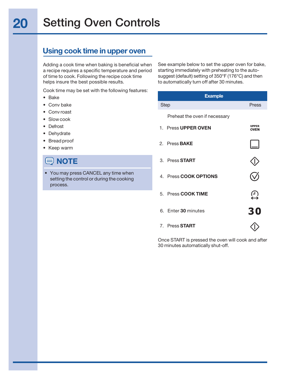 Setting oven controls, Using cook time in upper oven | Electrolux 316520002 User Manual | Page 20 / 64