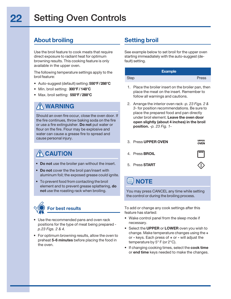 Setting oven controls, About broiling, Setting broil | Electrolux 316520002 User Manual | Page 22 / 64