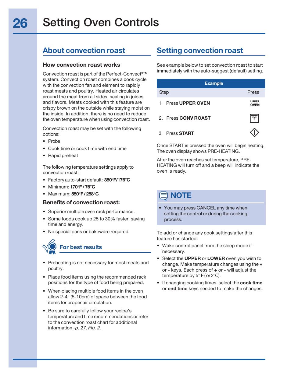 Setting oven controls, About convection roast setting convection roast | Electrolux 316520002 User Manual | Page 26 / 64