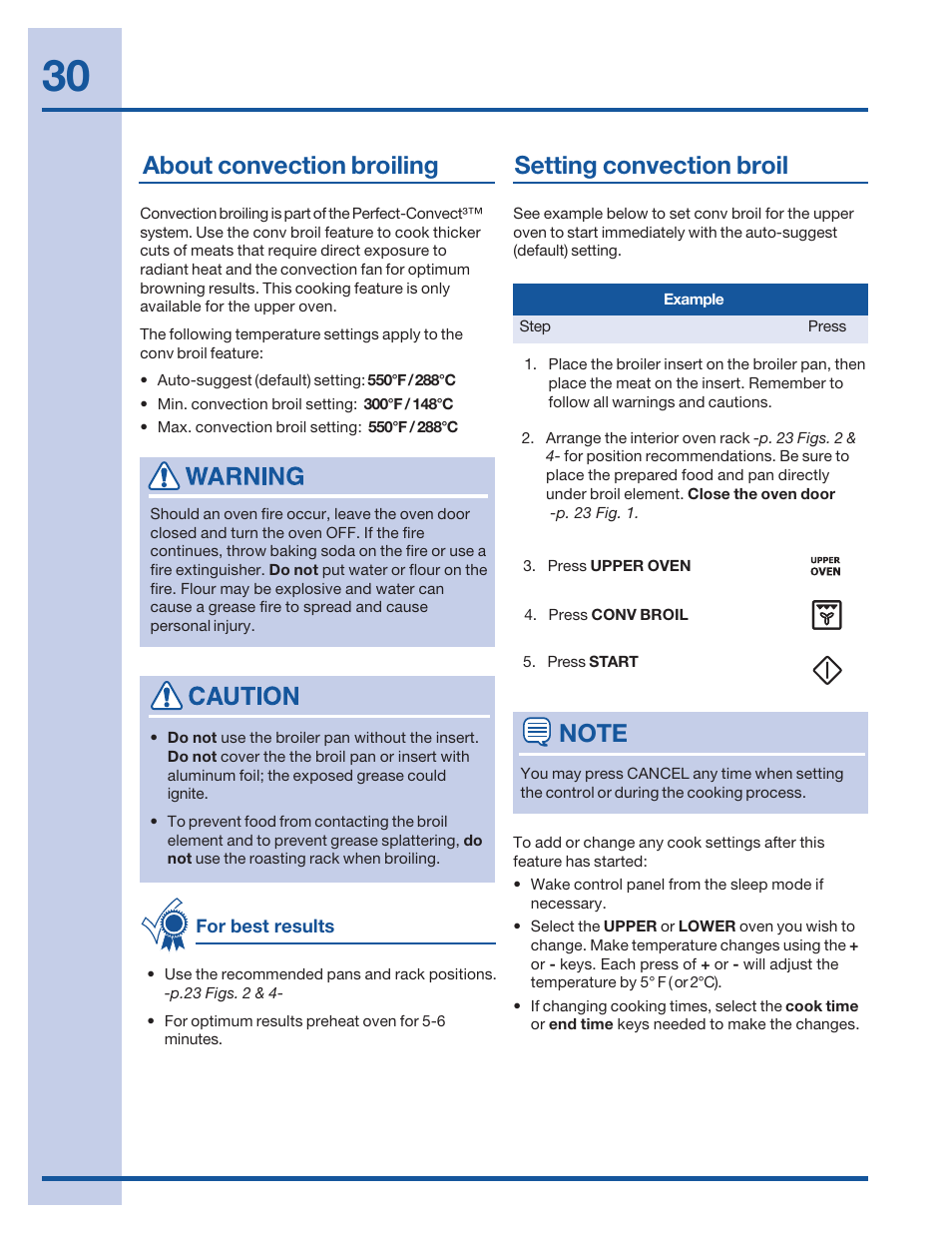 About convection broiling, Setting convection broil | Electrolux 316520002 User Manual | Page 30 / 64