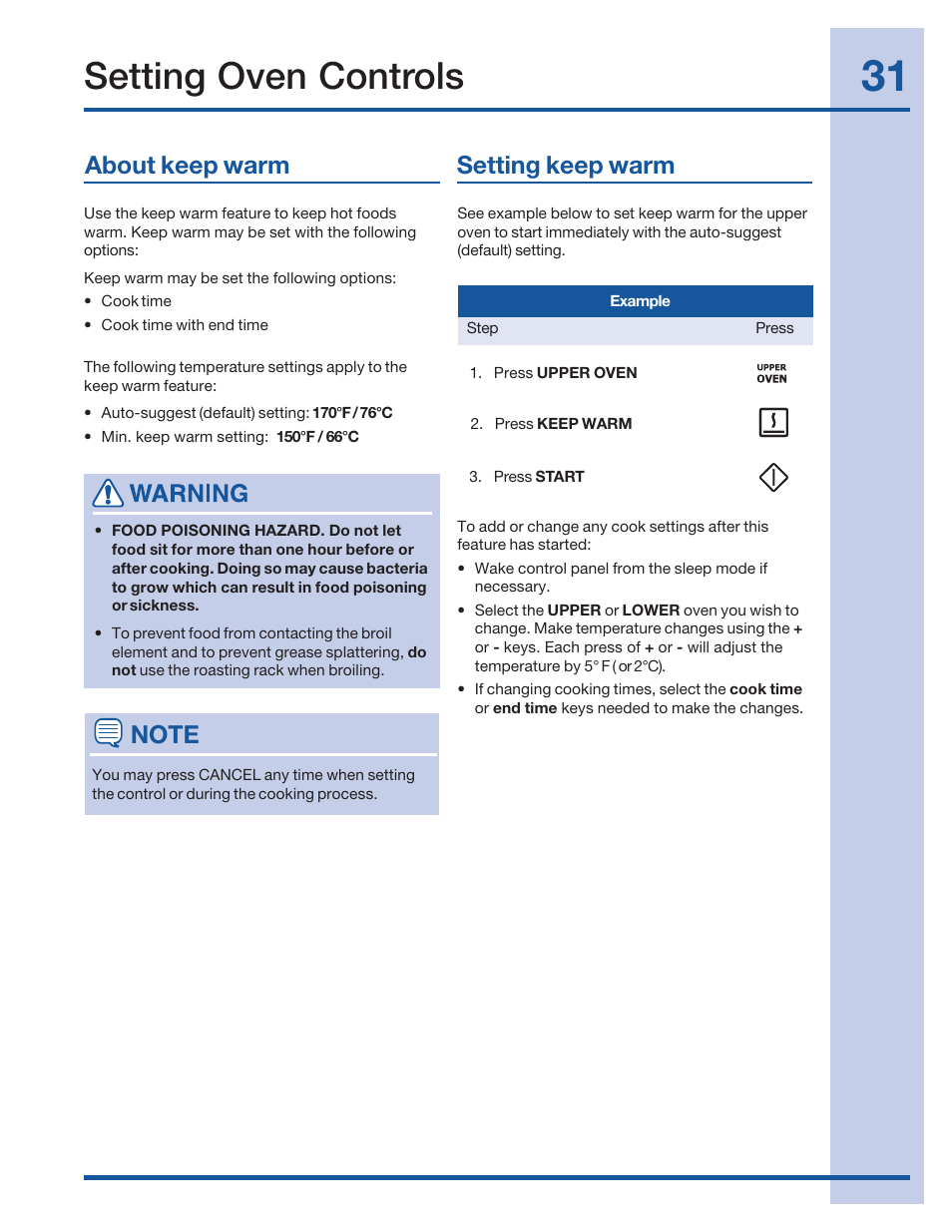 Setting oven controls, About keep warm setting keep warm | Electrolux 316520002 User Manual | Page 31 / 64