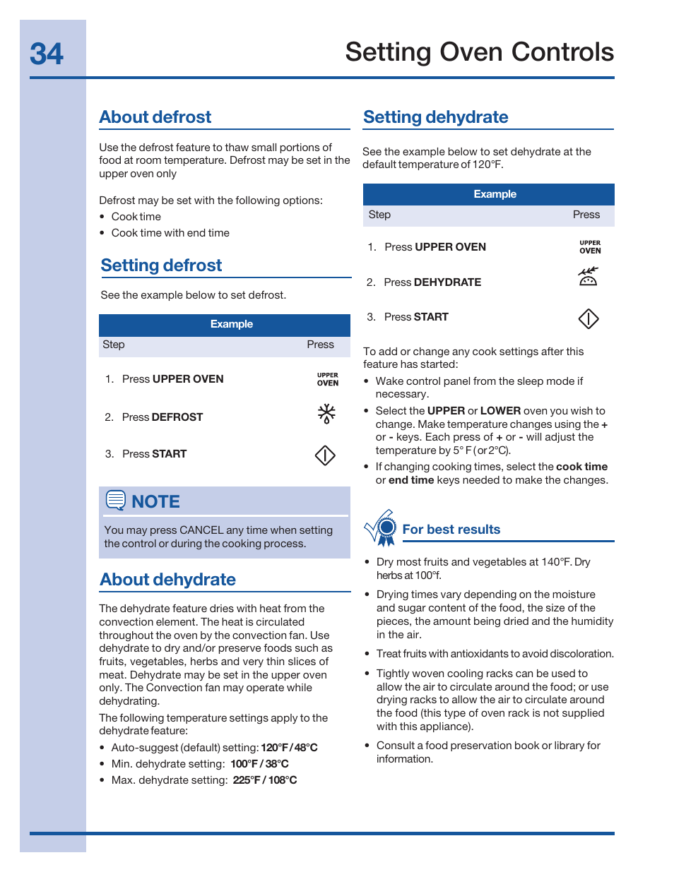 Setting oven controls, About defrost setting defrost about dehydrate, Setting dehydrate | Electrolux 316520002 User Manual | Page 34 / 64