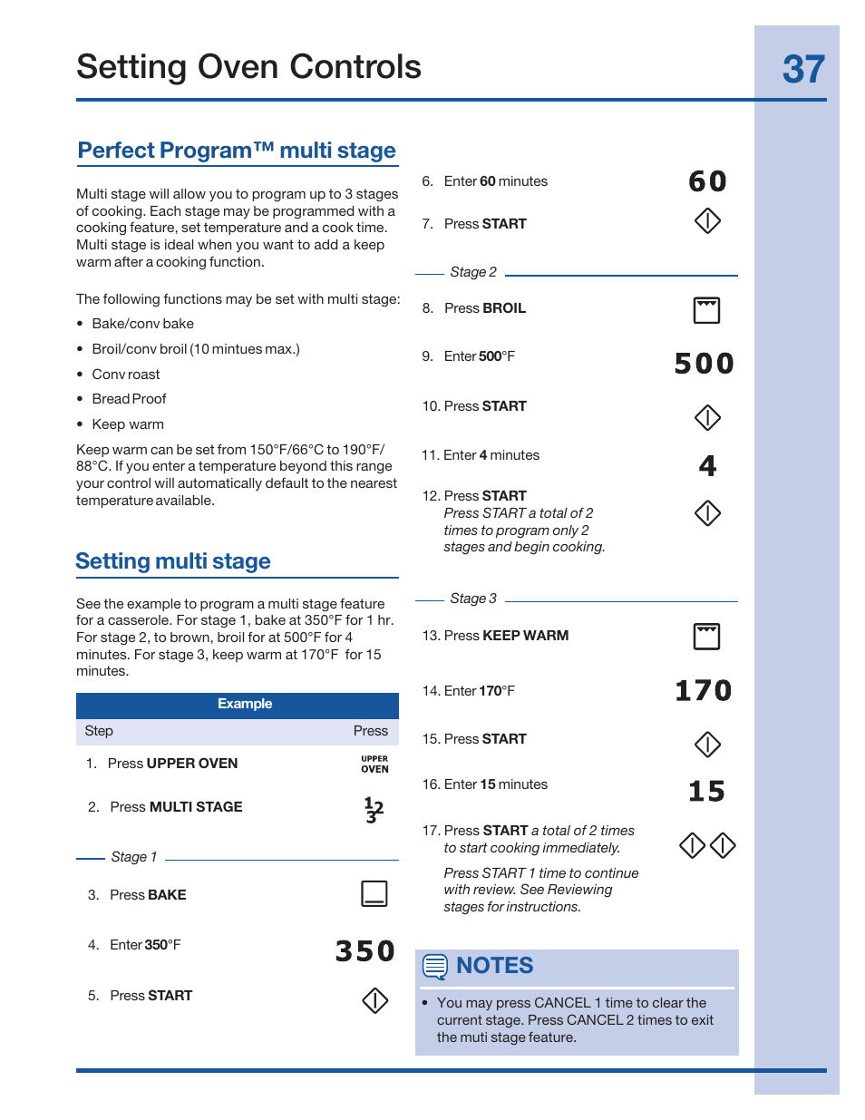 Setting oven controls, Perfect program™ multi stage, Setting multi stage | Electrolux 316520002 User Manual | Page 37 / 64