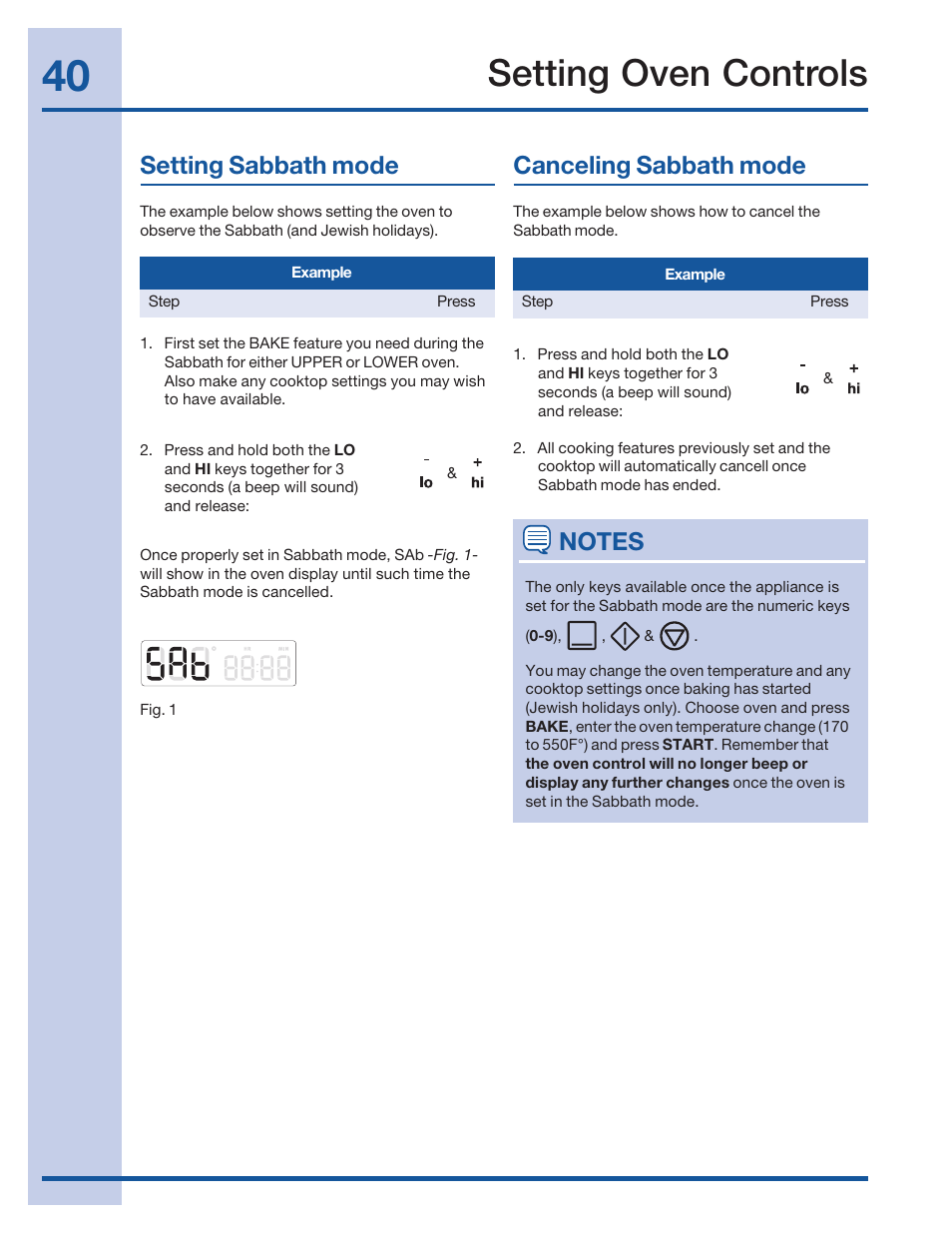 Setting oven controls, Setting sabbath mode, Canceling sabbath mode | Electrolux 316520002 User Manual | Page 40 / 64