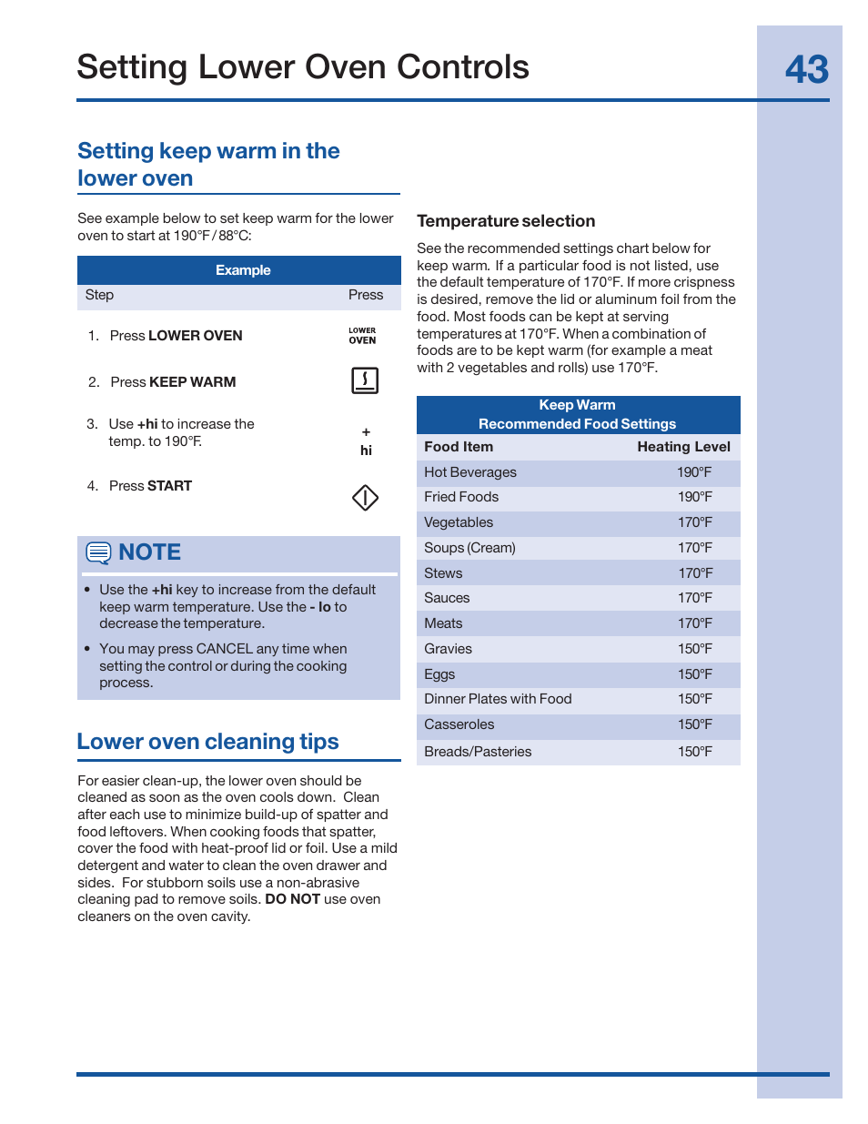 Setting lower oven controls, Lower oven cleaning tips | Electrolux 316520002 User Manual | Page 43 / 64