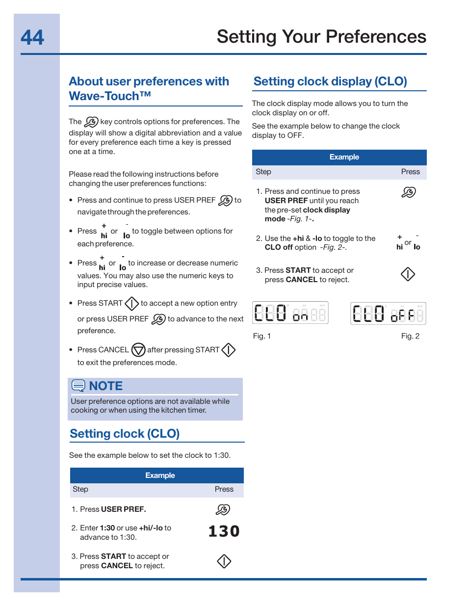 Setting your preferences, Setting clock display (clo), About user preferences with wave-touch | Setting clock (clo) | Electrolux 316520002 User Manual | Page 44 / 64