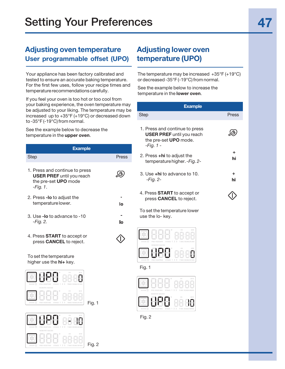 Setting your preferences, Adjusting oven temperature, Adjusting lower oven temperature (upo) | User programmable offset (upo) | Electrolux 316520002 User Manual | Page 47 / 64