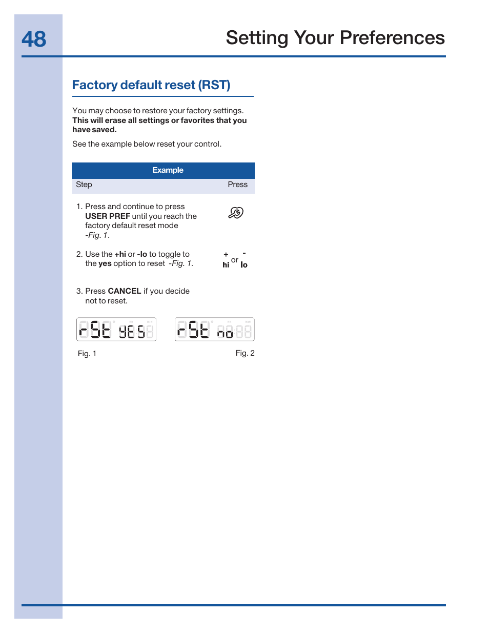 Setting your preferences, Factory default reset (rst) | Electrolux 316520002 User Manual | Page 48 / 64