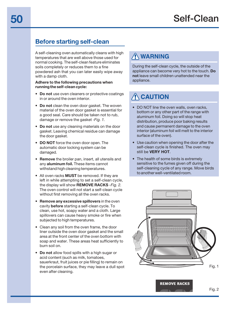 Self-clean, Before starting self-clean | Electrolux 316520002 User Manual | Page 50 / 64