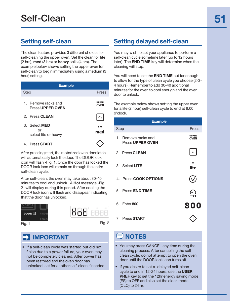 Self-clean, Setting self-clean, Setting delayed self-clean | Important | Electrolux 316520002 User Manual | Page 51 / 64