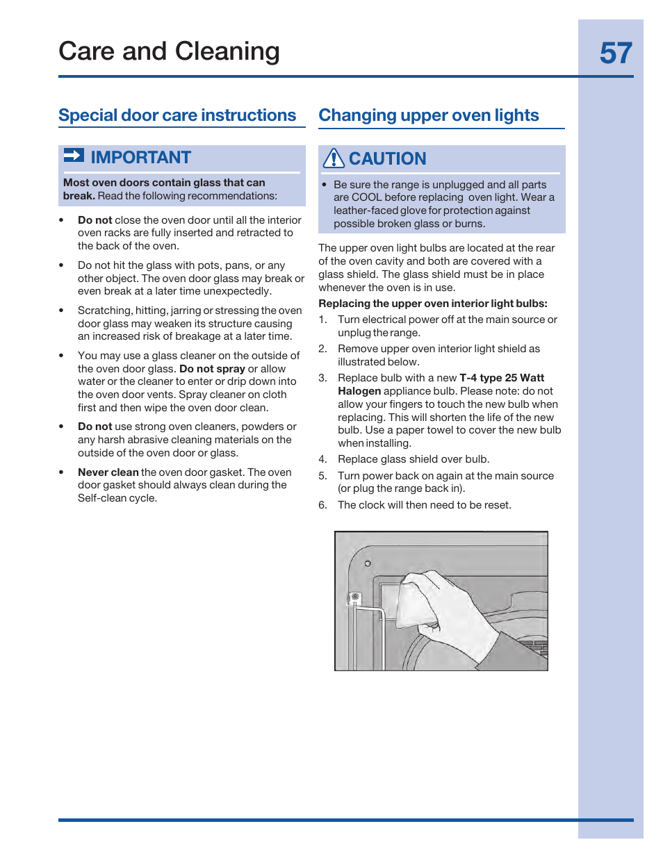 Care and cleaning, Special door care instructions important, Changing upper oven lights | Electrolux 316520002 User Manual | Page 57 / 64