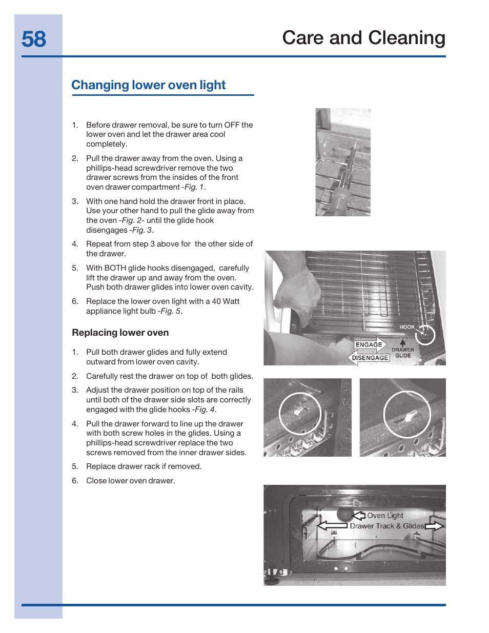 Care and cleaning, Changing lower oven light | Electrolux 316520002 User Manual | Page 58 / 64