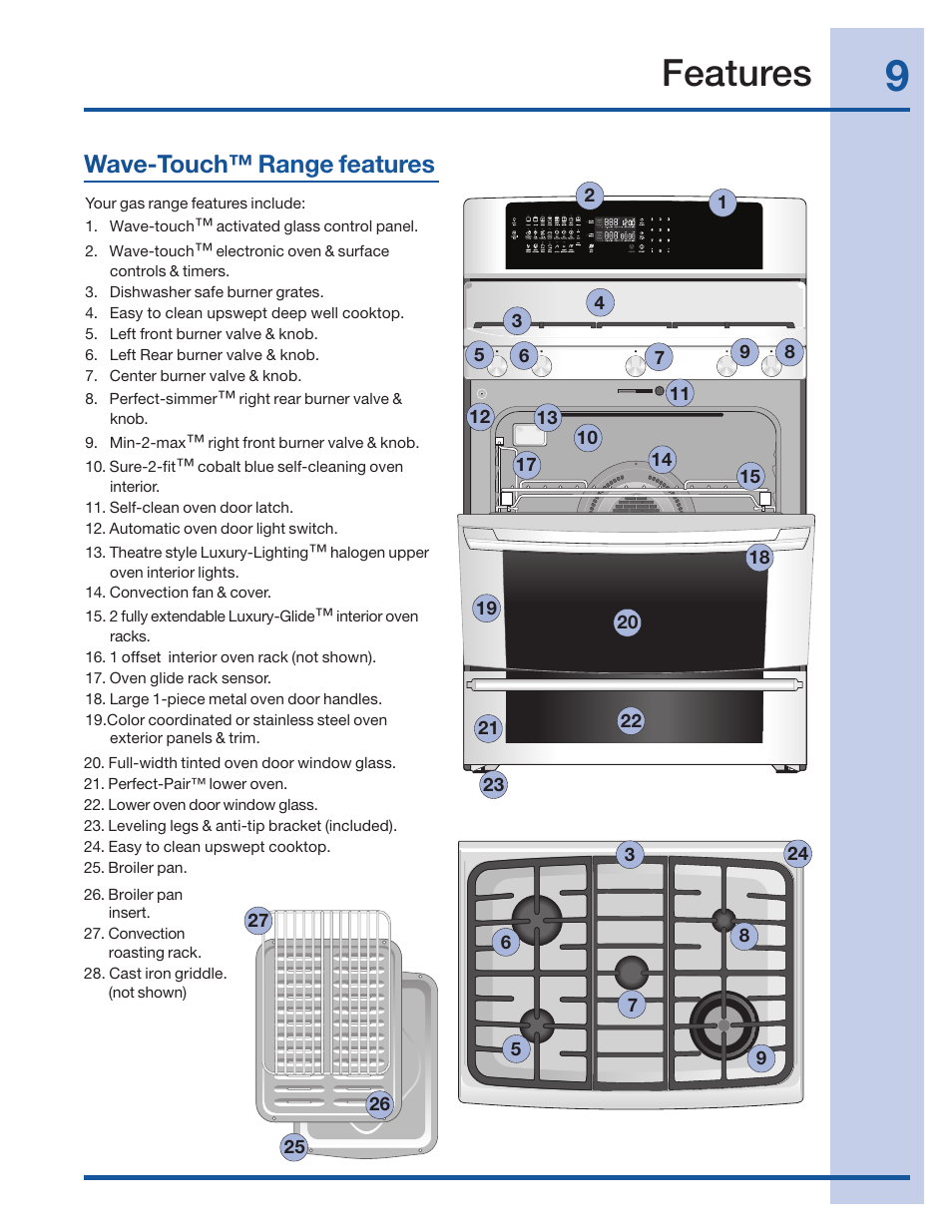 Features, Wave-touch™ range features | Electrolux 316520002 User Manual | Page 9 / 64