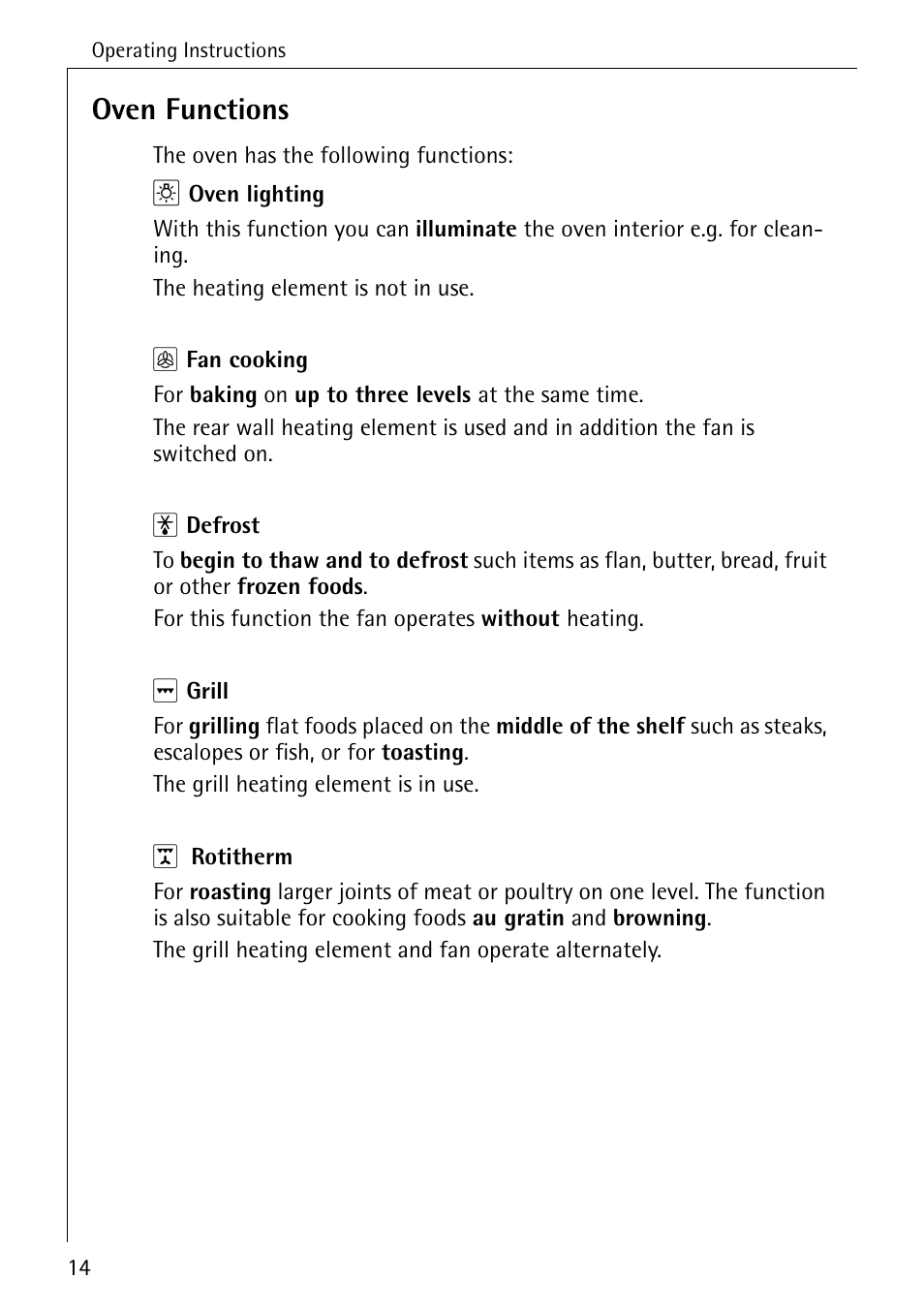 Oven functions | Electrolux B2190-1 User Manual | Page 14 / 56