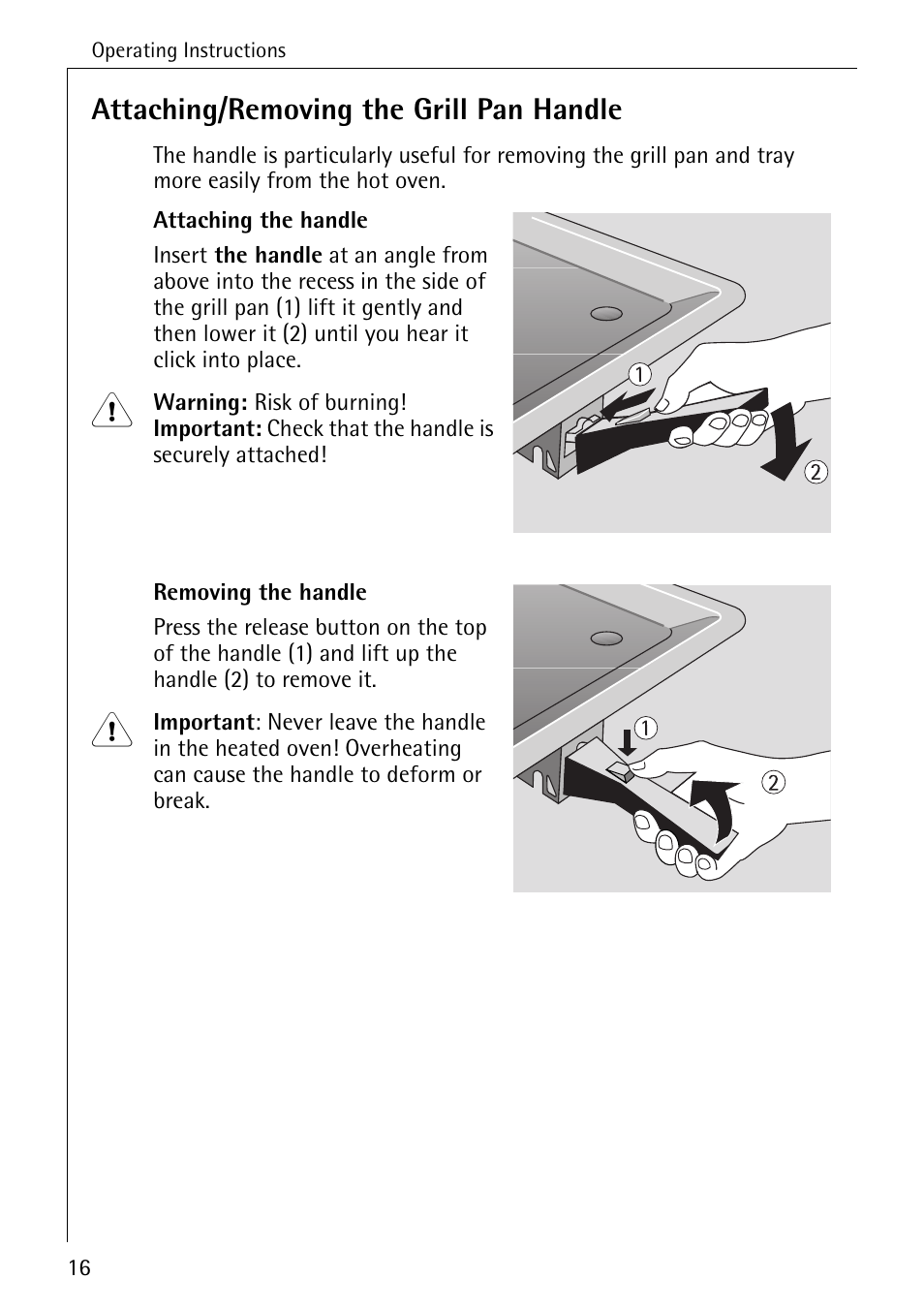 Attaching/removing the grill pan handle | Electrolux B2190-1 User Manual | Page 16 / 56