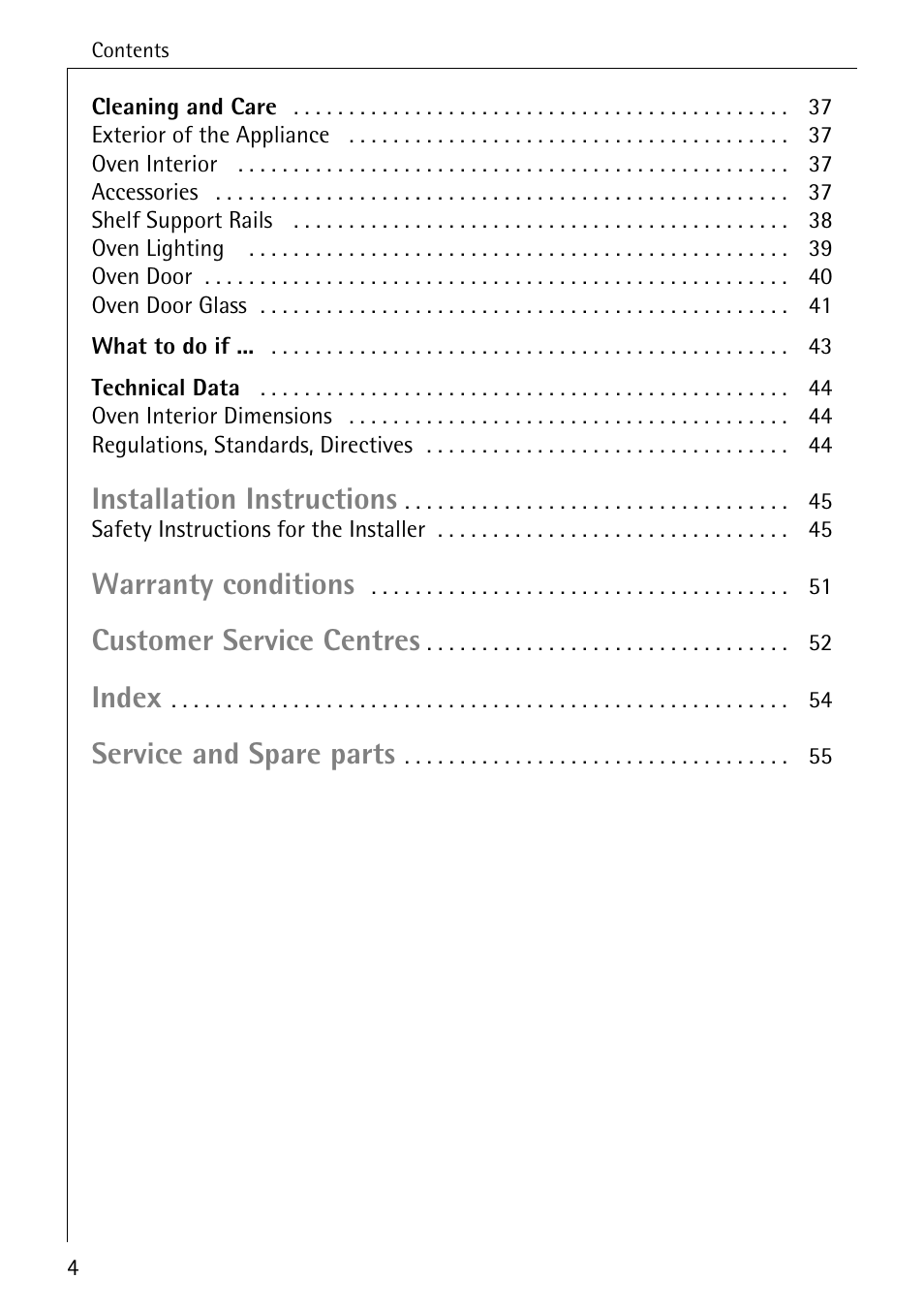 Installation instructions, Warranty conditions, Customer service centres | Index, Service and spare parts | Electrolux B2190-1 User Manual | Page 4 / 56