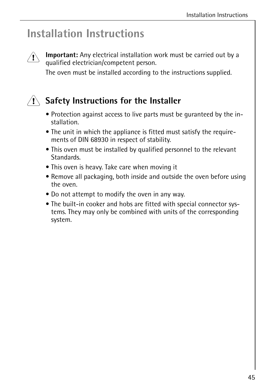 Installation instructions, Safety instructions for the installer | Electrolux B2190-1 User Manual | Page 45 / 56