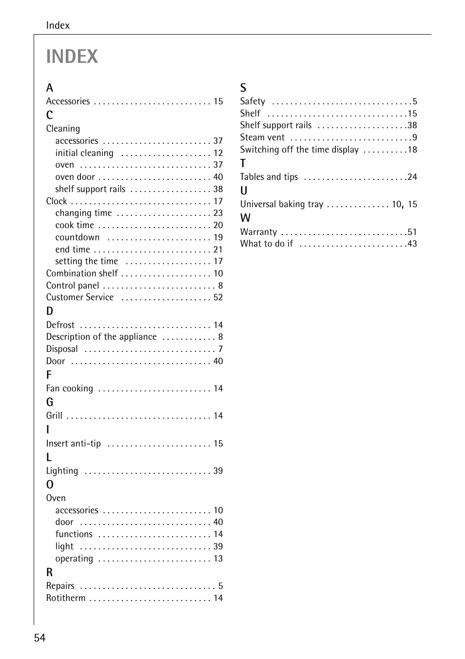 Index | Electrolux B2190-1 User Manual | Page 54 / 56