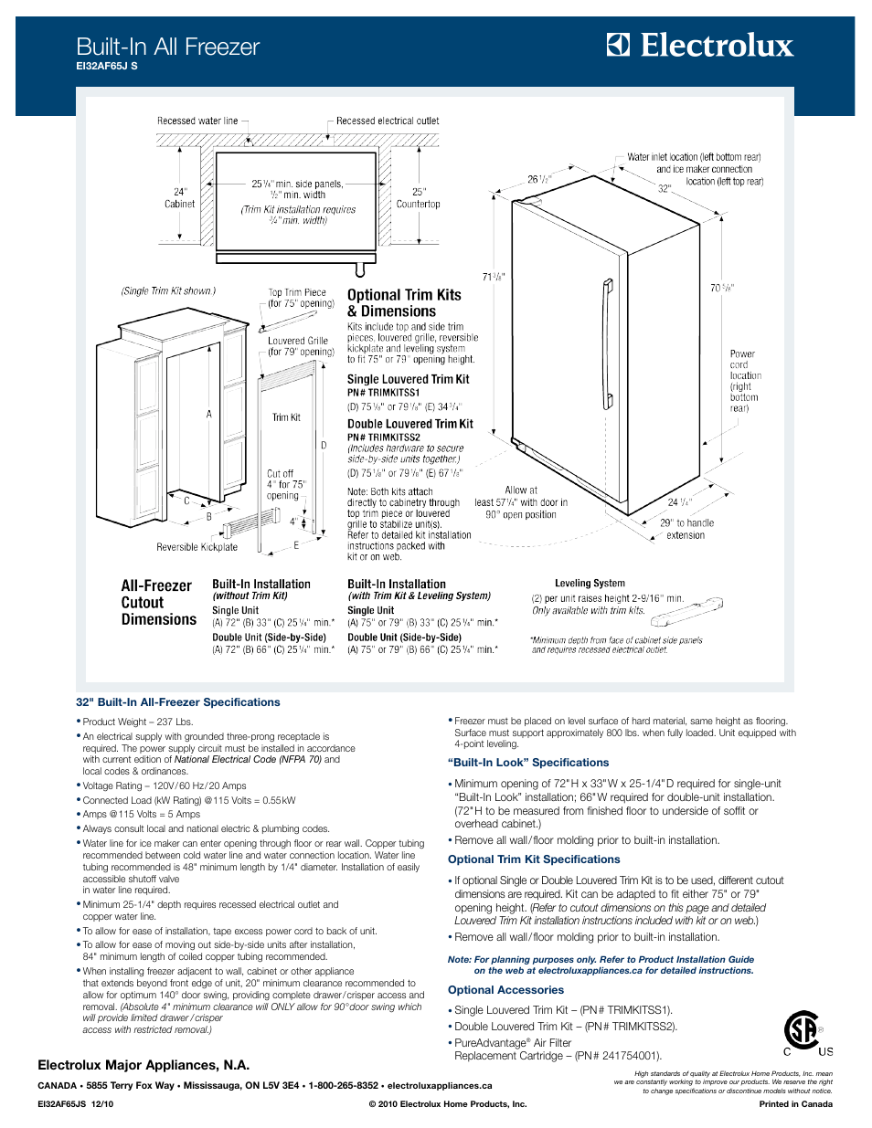 Built-in all freezer, Electrolux major appliances, n.a | Electrolux EI32AF65J S User Manual | Page 2 / 2