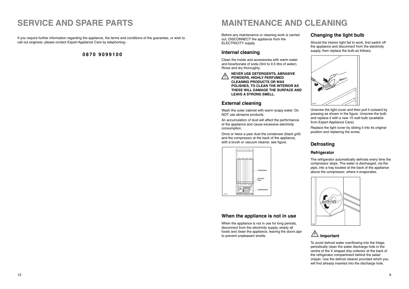 Maintenance and cleaning, Service and spare parts | Electrolux ER 1825 D User Manual | Page 12 / 20