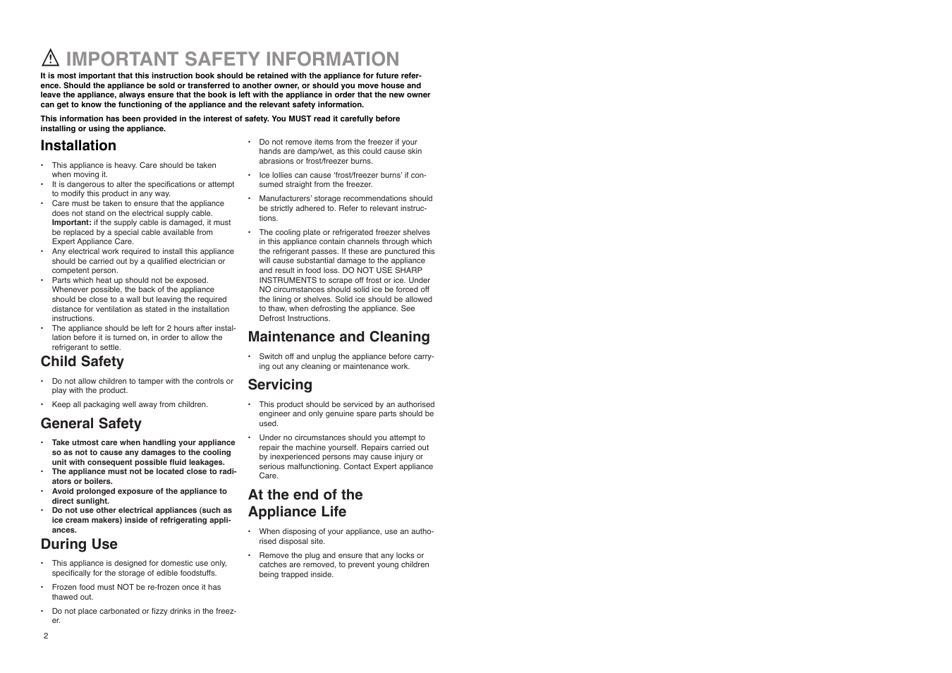 Important safety information, Installation, Child safety | General safety, During use, Maintenance and cleaning, Servicing, At the end of the appliance life | Electrolux ER 1825 D User Manual | Page 2 / 20