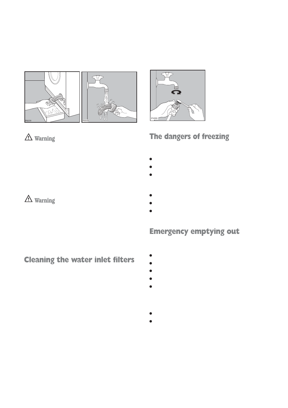 Cleaning the water inlet filters, The dangers of freezing, Emergency emptying out | Warning | Electrolux aqualux EWD 1214 I User Manual | Page 19 / 30