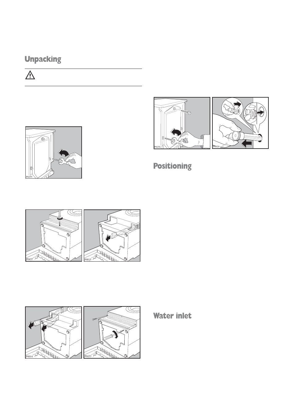 Positioning, Water inlet, Unpacking | Electrolux aqualux EWD 1214 I User Manual | Page 24 / 30