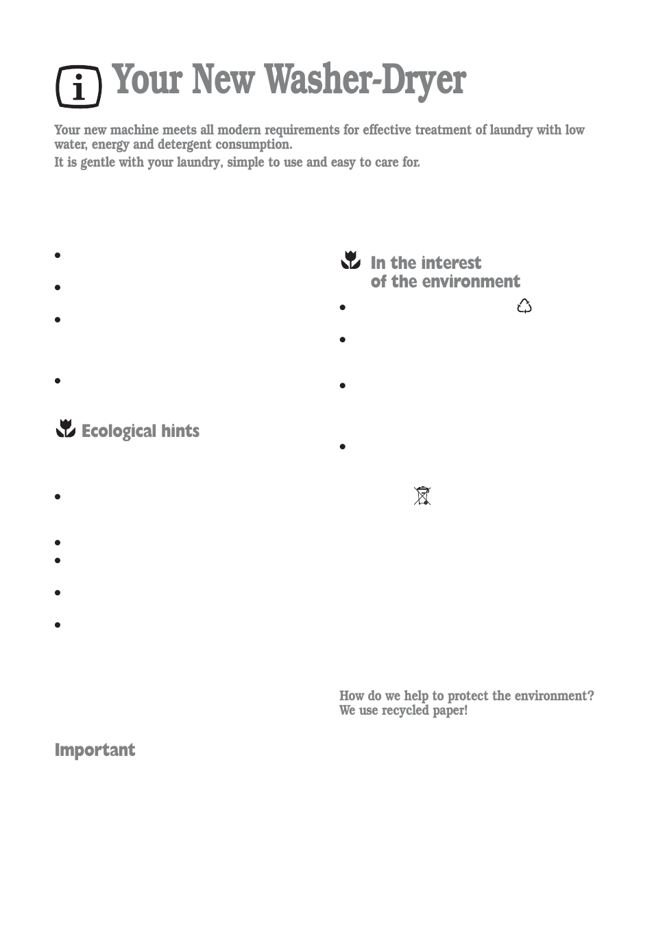 Your new washer-dryer, Ecological hints, Important | Electrolux aqualux EWD 1214 I User Manual | Page 4 / 30