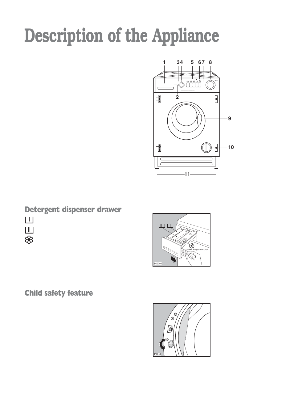 Description of the appliance, Detergent dispenser drawer, Child safety feature | Electrolux aqualux EWD 1214 I User Manual | Page 5 / 30