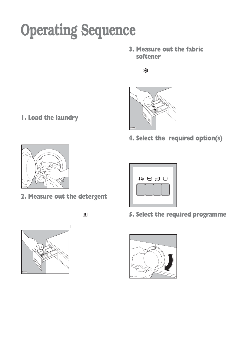 Operating sequence, Measure out the fabric softener, Select the required option(s) | Select the required programme, Load the laundry, Measure out the detergent | Electrolux aqualux EWD 1214 I User Manual | Page 7 / 30