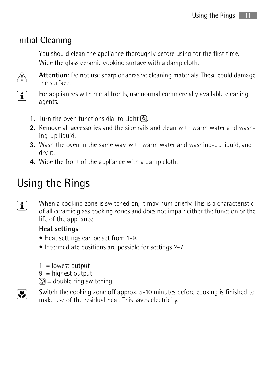 Using the rings 3, Initial cleaning | Electrolux 41016VH User Manual | Page 11 / 60