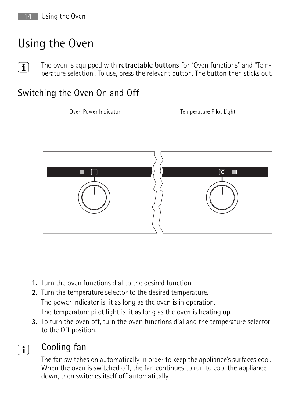 Using the oven 3, Switching the oven on and off, Cooling fan | Electrolux 41016VH User Manual | Page 14 / 60