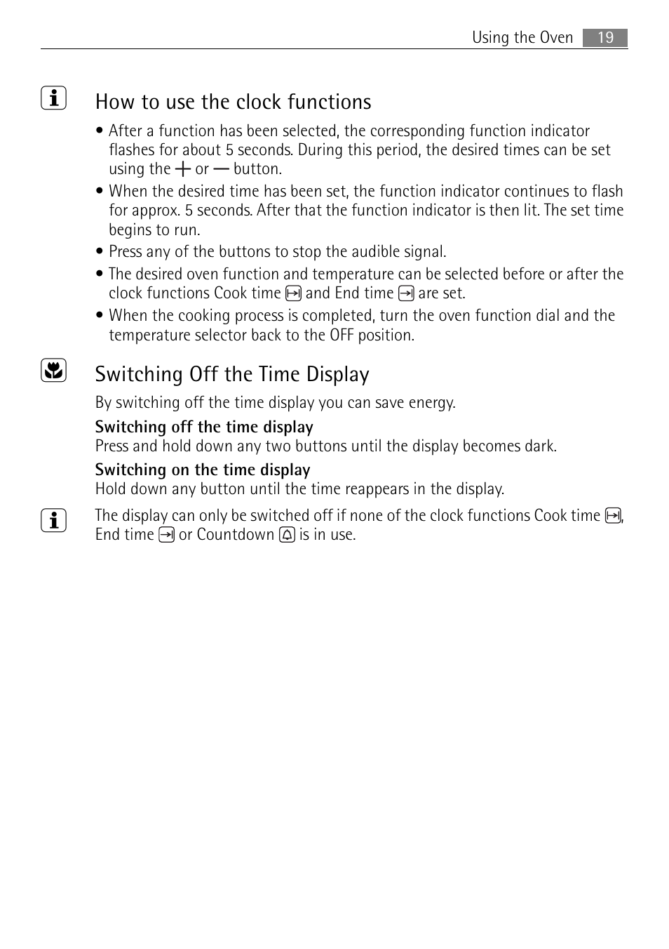How to use the clock functions, Switching off the time display | Electrolux 41016VH User Manual | Page 19 / 60