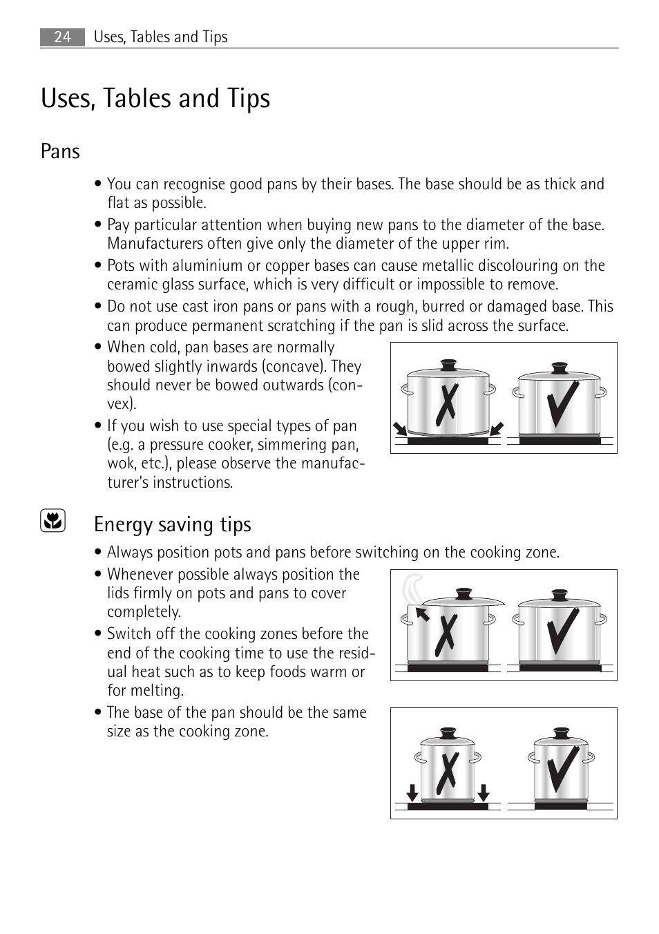 Uses, tables and tips, Pans, Energy saving tips | Electrolux 41016VH User Manual | Page 24 / 60