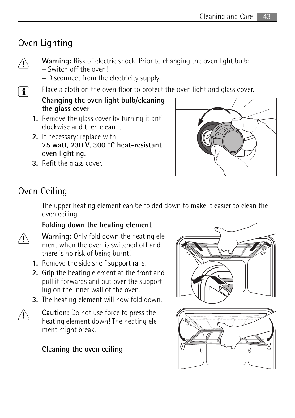 Oven lighting, Oven ceiling | Electrolux 41016VH User Manual | Page 43 / 60
