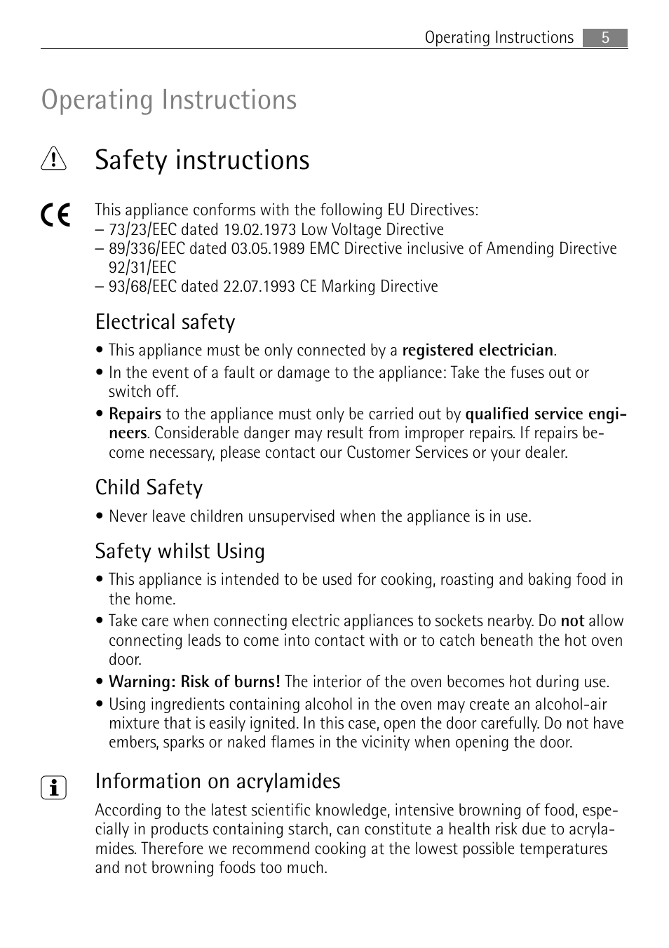 Operating instructions 1 safety instructions 5, Electrical safety, Child safety | Safety whilst using, Information on acrylamides | Electrolux 41016VH User Manual | Page 5 / 60
