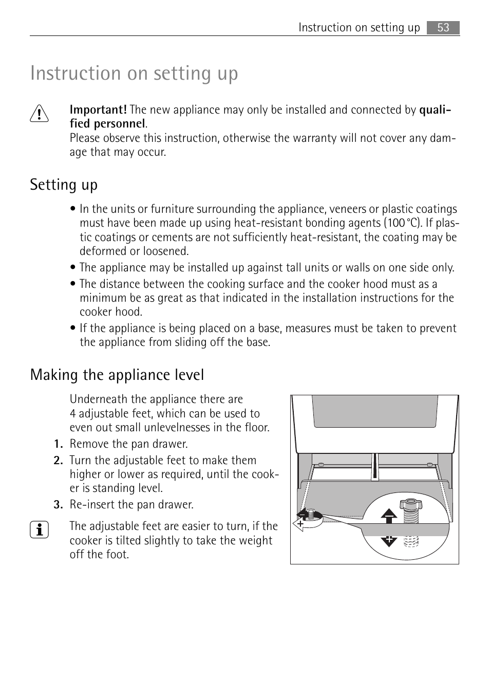 Instruction on setting up 1, Setting up, Making the appliance level | Electrolux 41016VH User Manual | Page 53 / 60