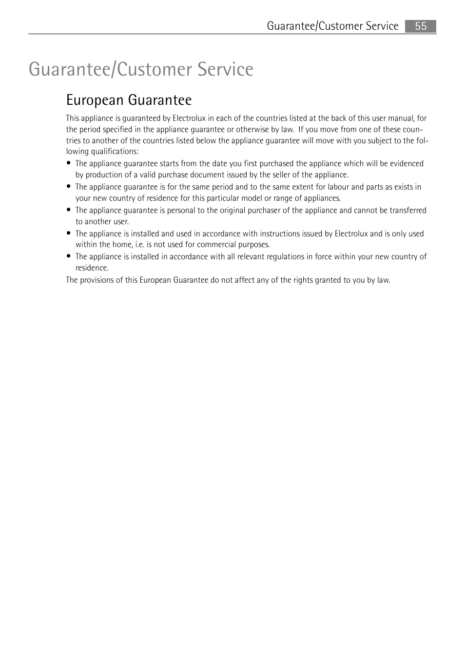 Guarantee/customer service, European guarantee | Electrolux 41016VH User Manual | Page 55 / 60